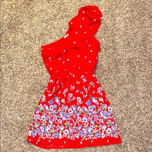 One shoulder red ruffle shoulder floral dress